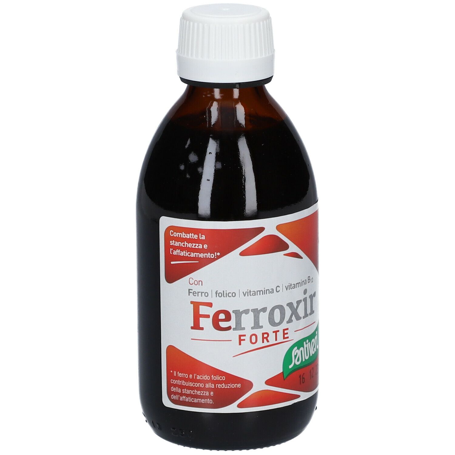 Bottiglia di vetro marrone con tappo bianco. Etichetta con nome prodotto Ferroxir Forte e logo Santiveri.