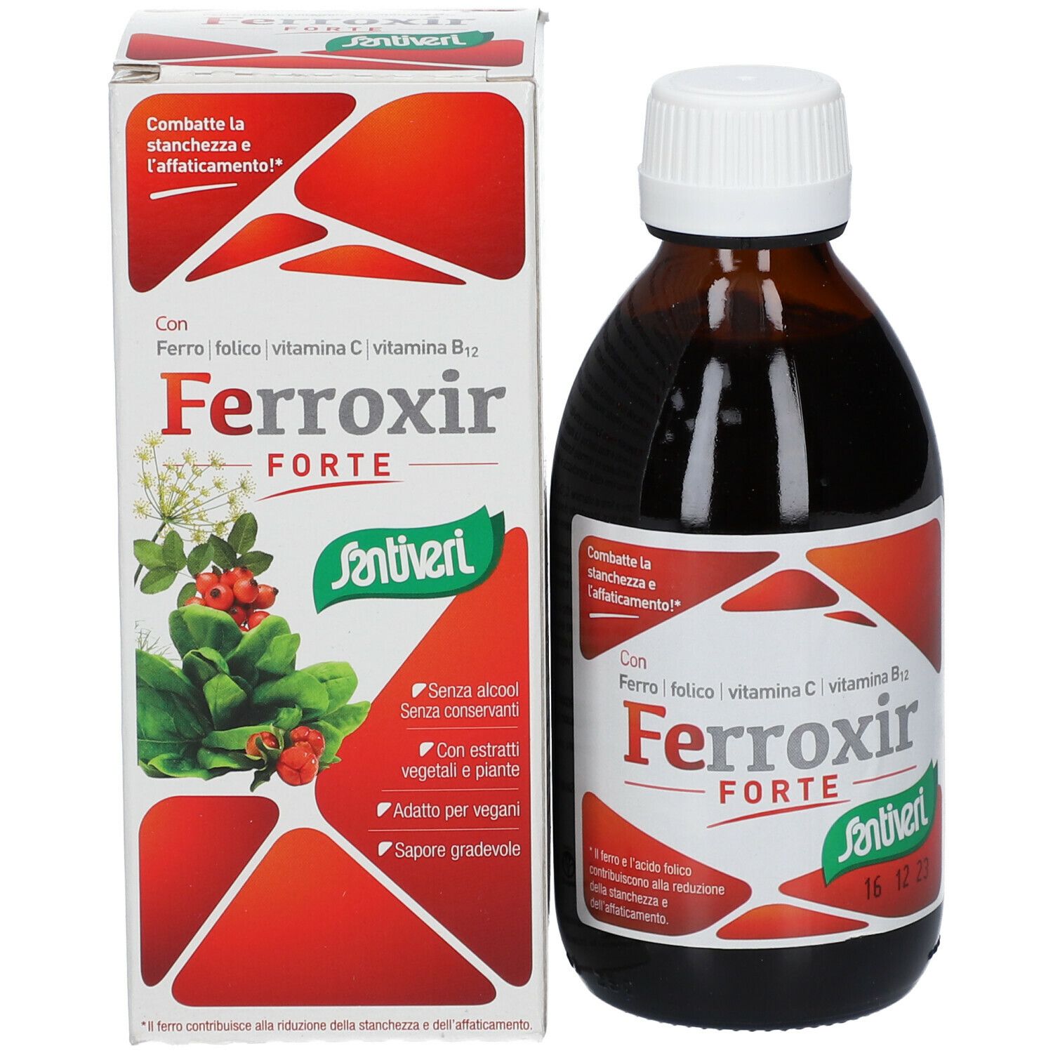 Bottiglia di vetro marrone e scatola. Bottiglia con tappo bianco, etichetta Ferroxir Forte. Scatola con logo e nome prodotto.