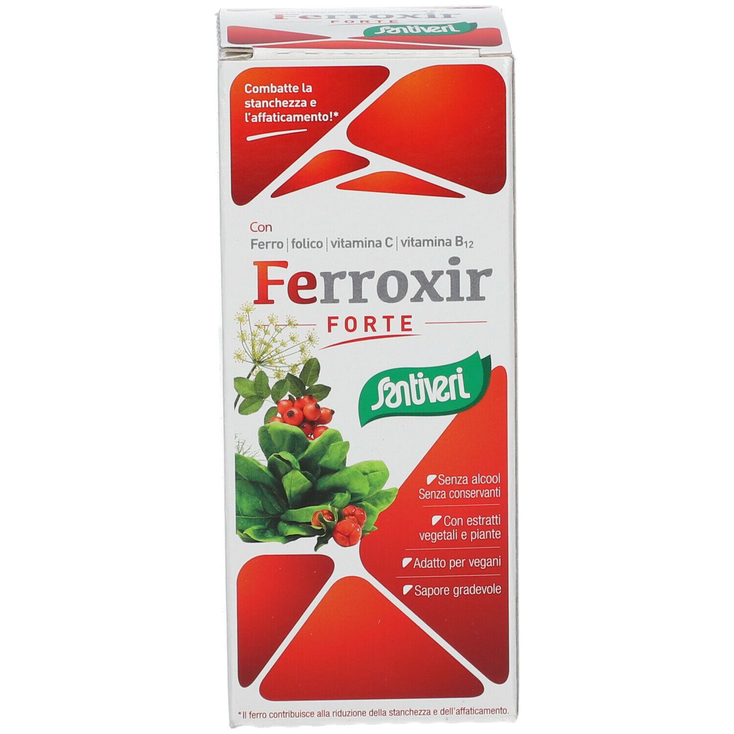 Scatola con nome prodotto Ferroxir Forte e logo Santiveri. Design rosso e bianco. Testo e illustrazioni.