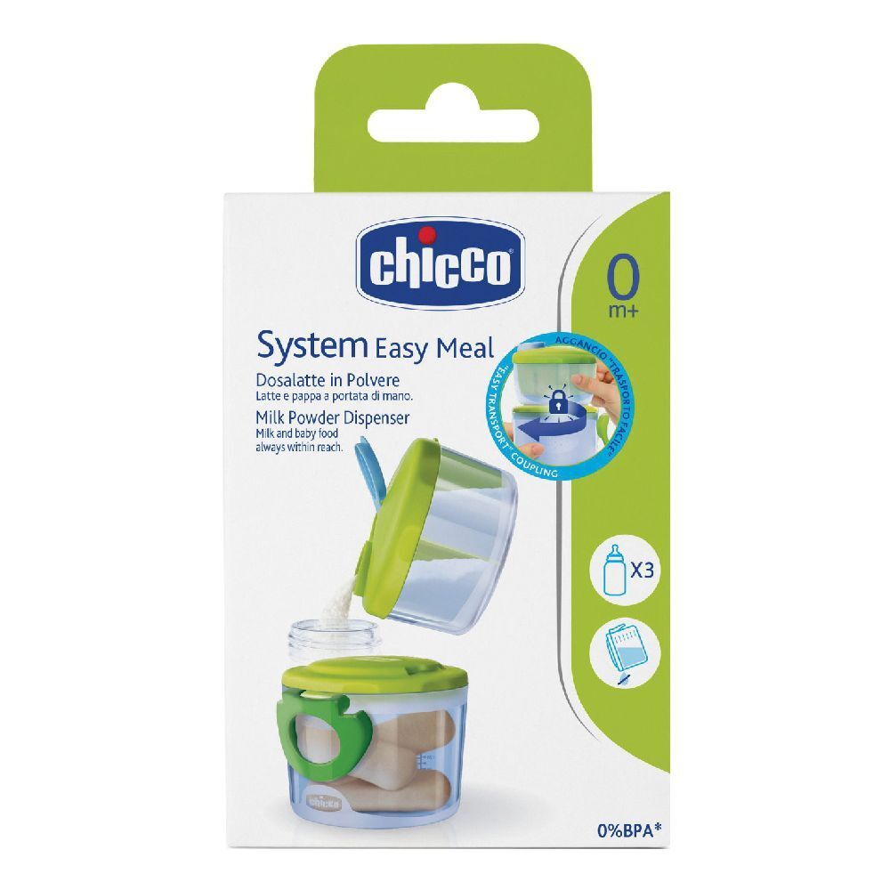 Confezione di Chicco Dosatore Latte. Dispenser per latte in polvere con coperchio e manici verdi. Contiene tre contenitori.