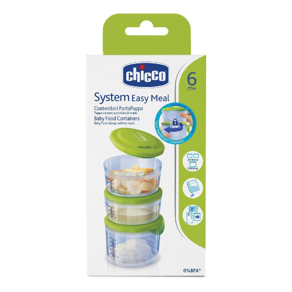 Confezione con tre contenitori trasparenti con coperchi verdi. Scritta: Chicco System Easy Meal, 6m+.