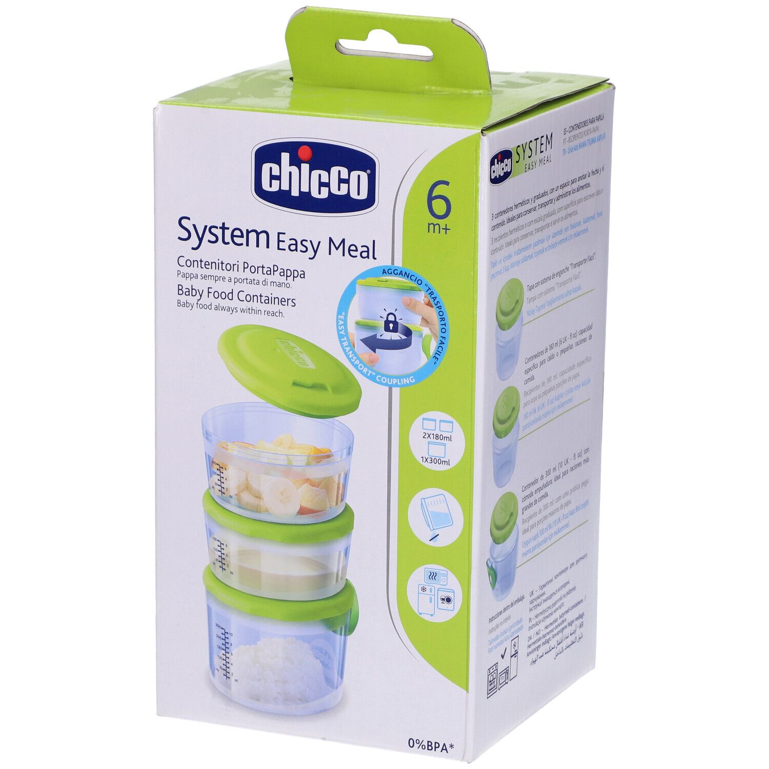Confezione con tre contenitori trasparenti con coperchi verdi. Scritta: Chicco System Easy Meal, 6m+.