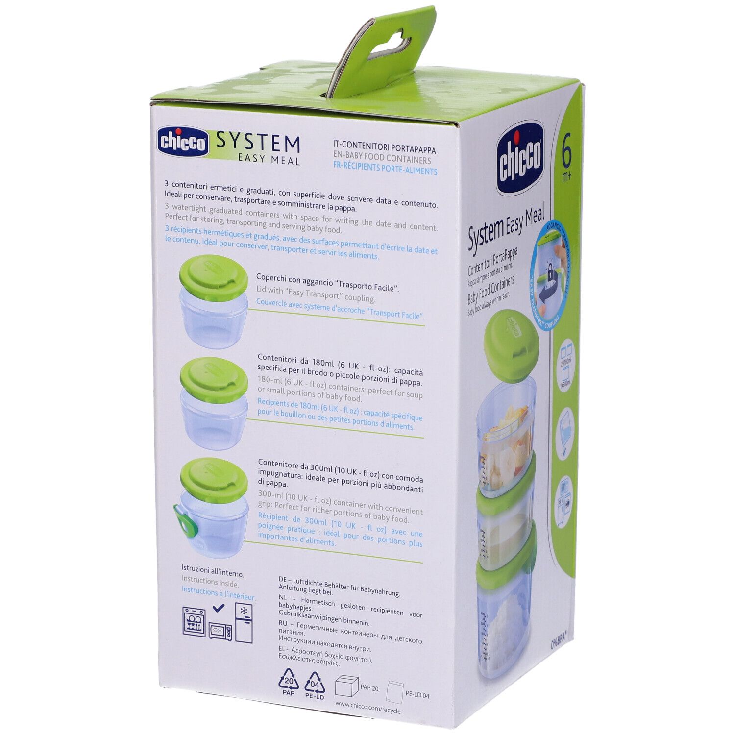 Retro della confezione con informazioni sul prodotto e illustrazioni dei contenitori. Scritta: Chicco System Easy Meal.