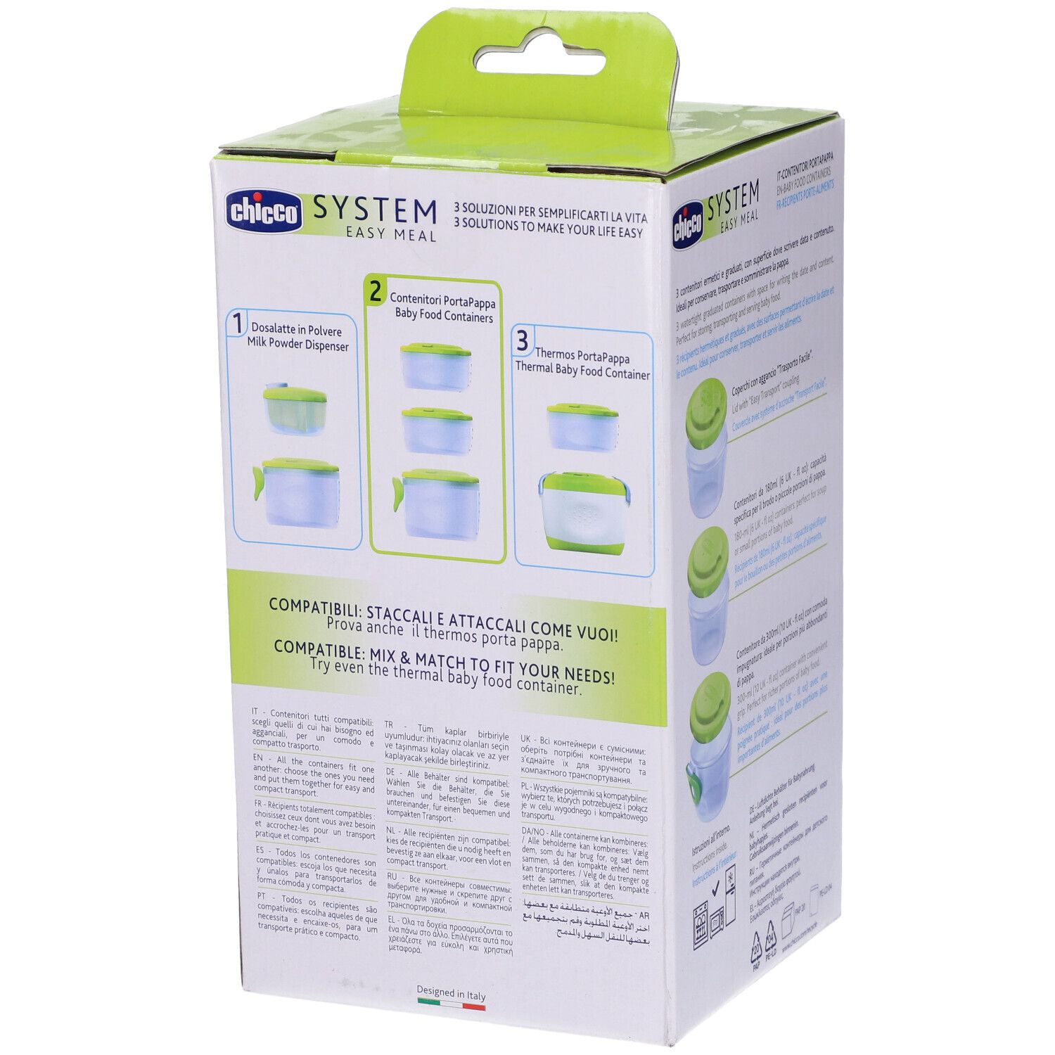 Retro della confezione con informazioni sul prodotto e illustrazioni dei contenitori. Scritta: Chicco System Easy Meal.