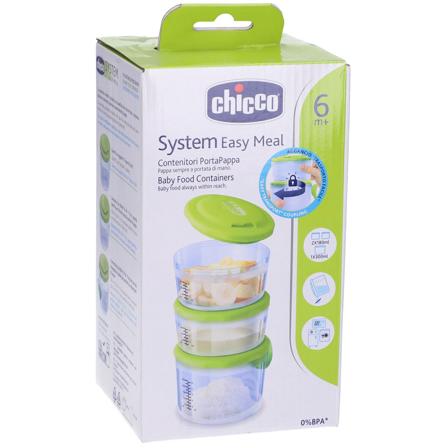 Confezione con tre contenitori trasparenti con coperchi verdi. Scritta: Chicco System Easy Meal, 6m+.
