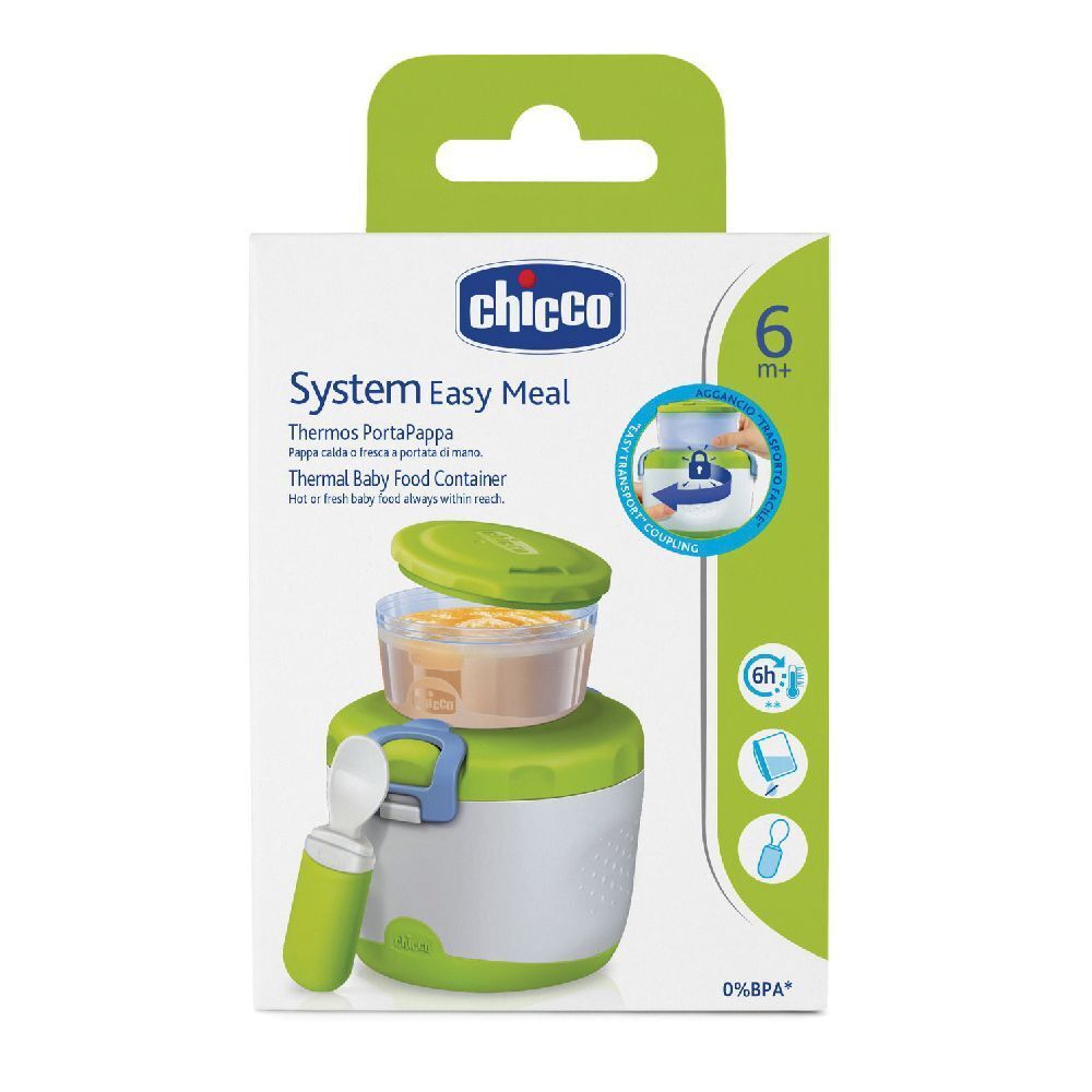 Thermos Portapappa Chicco. Coperchio, contenitore e cucchiaio verdi. Confezione con immagine del prodotto.