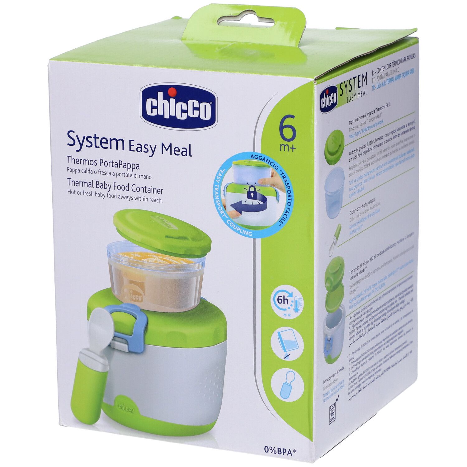 Thermos Portapappa Chicco. Confezione con immagine del prodotto. Coperchio, contenitore e cucchiaio verdi.