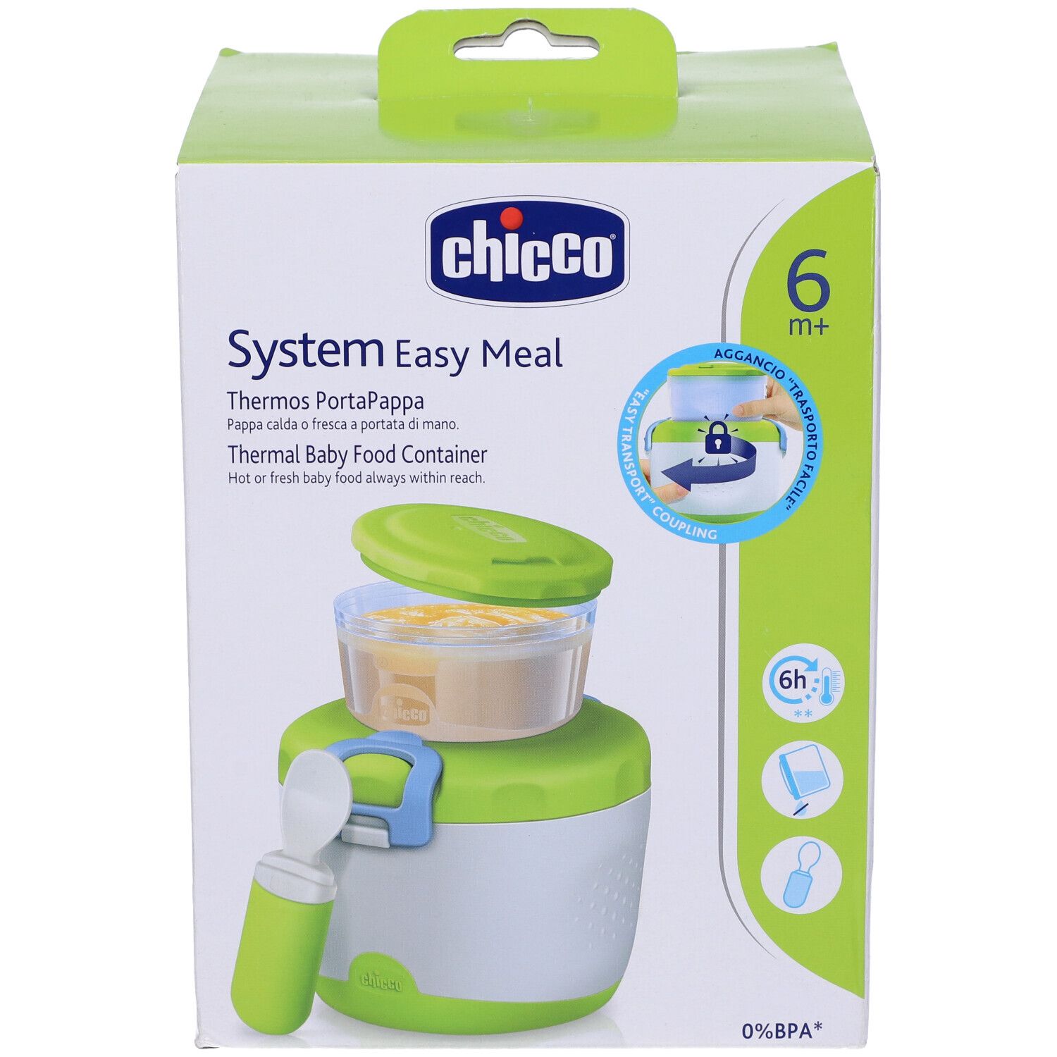 Thermos Portapappa Chicco. Confezione con immagine del prodotto. Coperchio, contenitore e cucchiaio verdi.