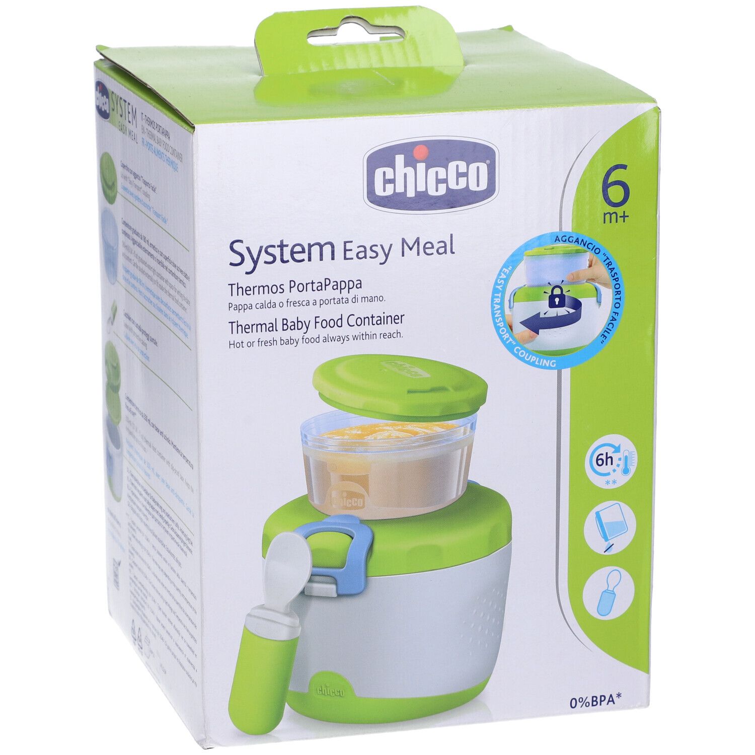 Thermos Portapappa Chicco. Confezione con immagine del prodotto. Coperchio, contenitore e cucchiaio verdi.