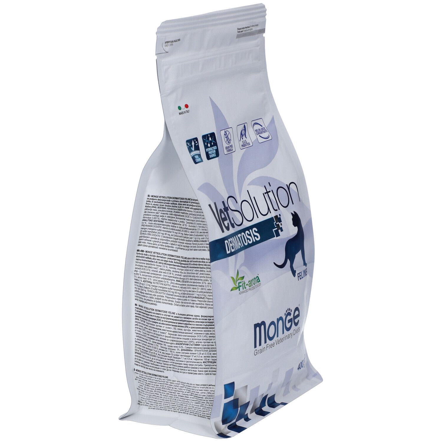 Vista laterale della confezione Monge VetSolution Dermatosis Feline. Scritte: VetSolution, Dermatosis, Monge, Feline. Testo laterale.