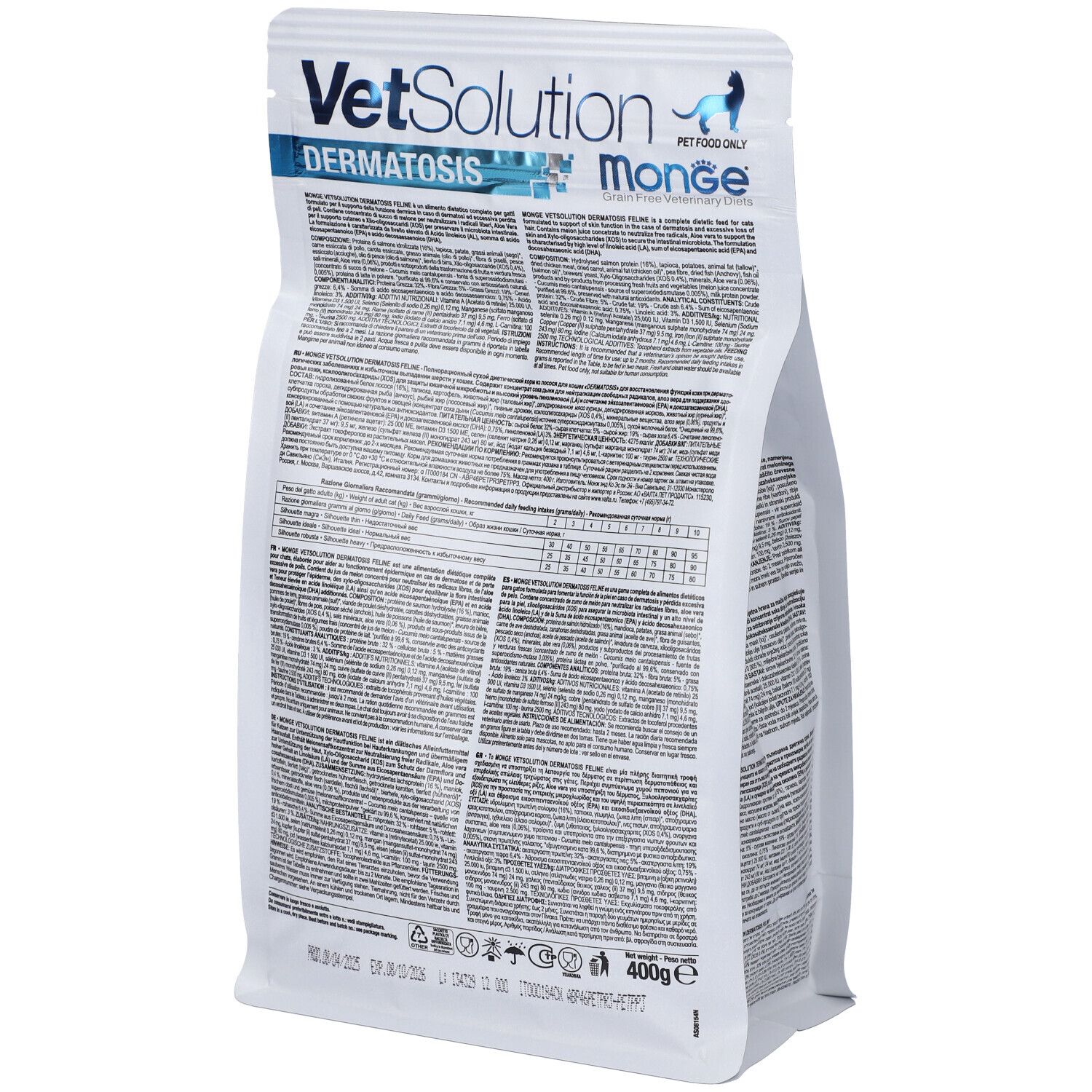 Retro della confezione Monge VetSolution Dermatosis Feline. Testo con informazioni e valori nutrizionali. Scritta: Monge, 400 g.