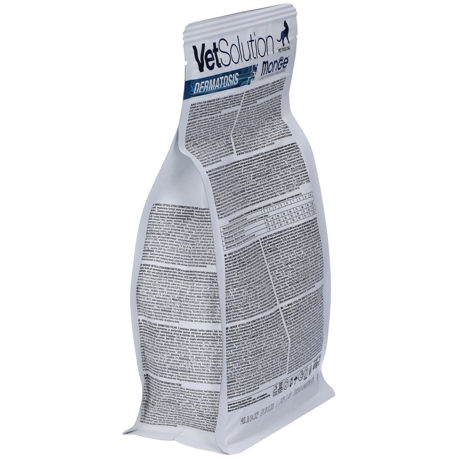Vista laterale della confezione Monge VetSolution Dermatosis Feline. Testo con informazioni. Scritta: Monge, 400 g.