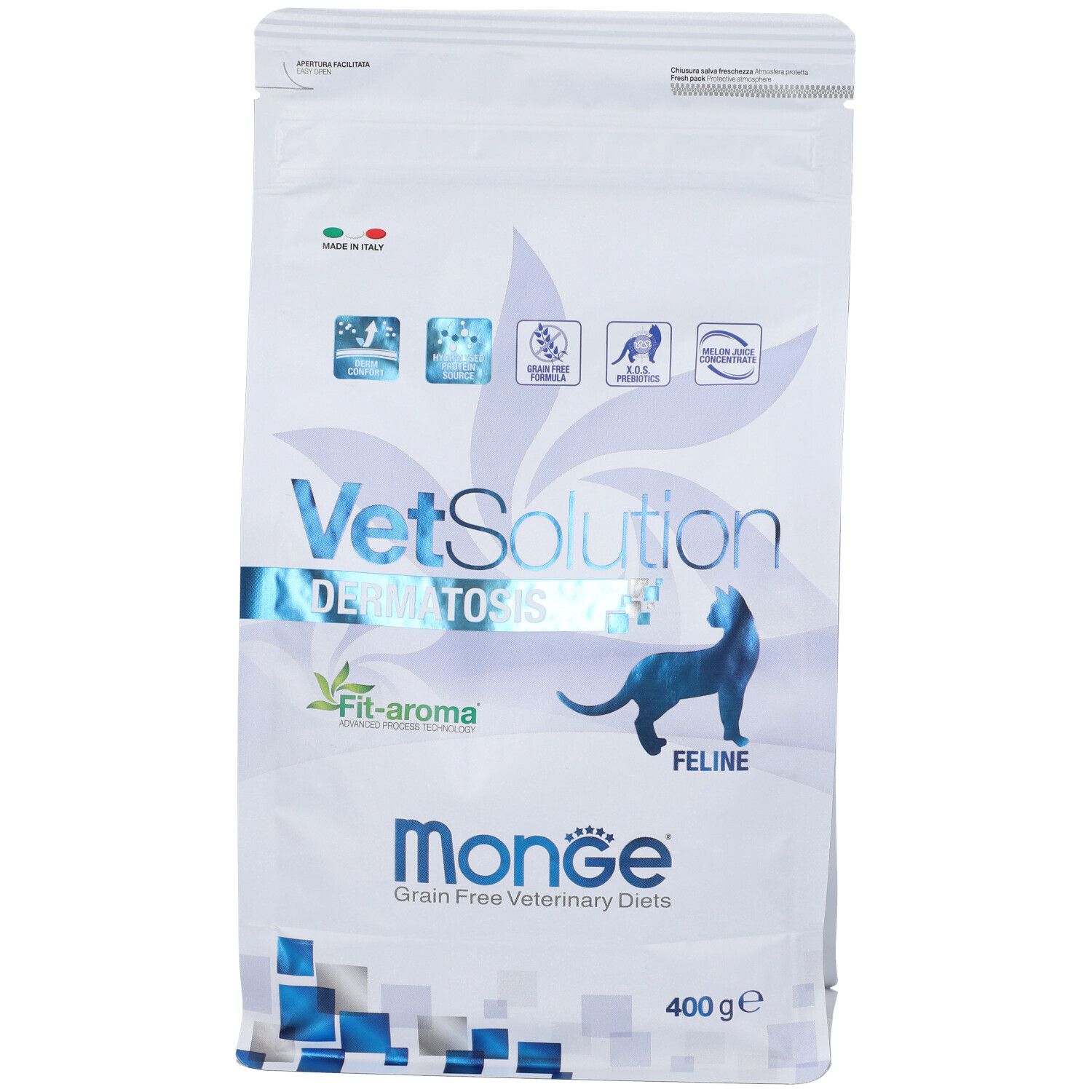 Confezione di Monge VetSolution Dermatosis Feline. Scritte: VetSolution, Dermatosis, Fit-aroma, Monge, Feline. Peso: 400 g.