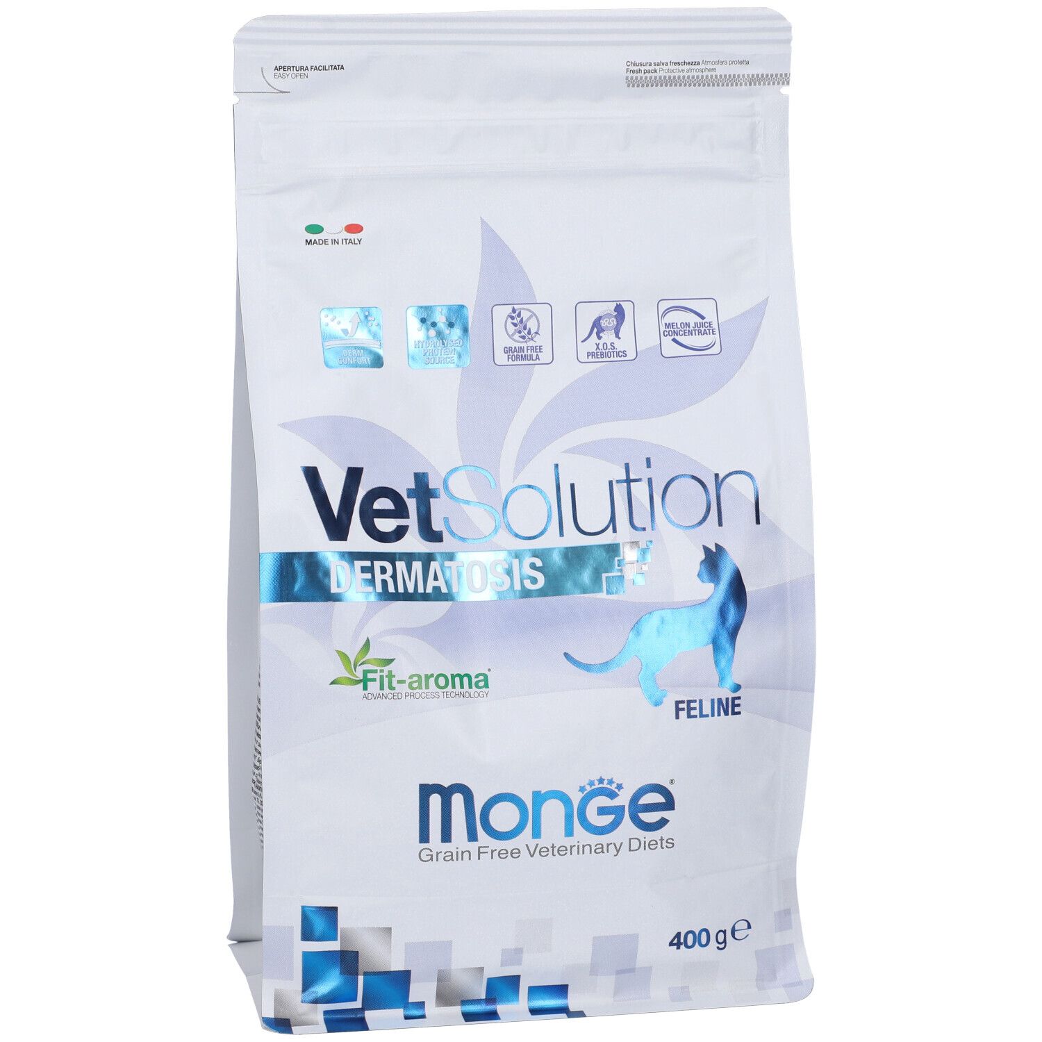 Confezione di Monge VetSolution Dermatosis Feline. Scritte: VetSolution, Dermatosis, Fit-aroma, Monge, Feline. Peso: 400 g.