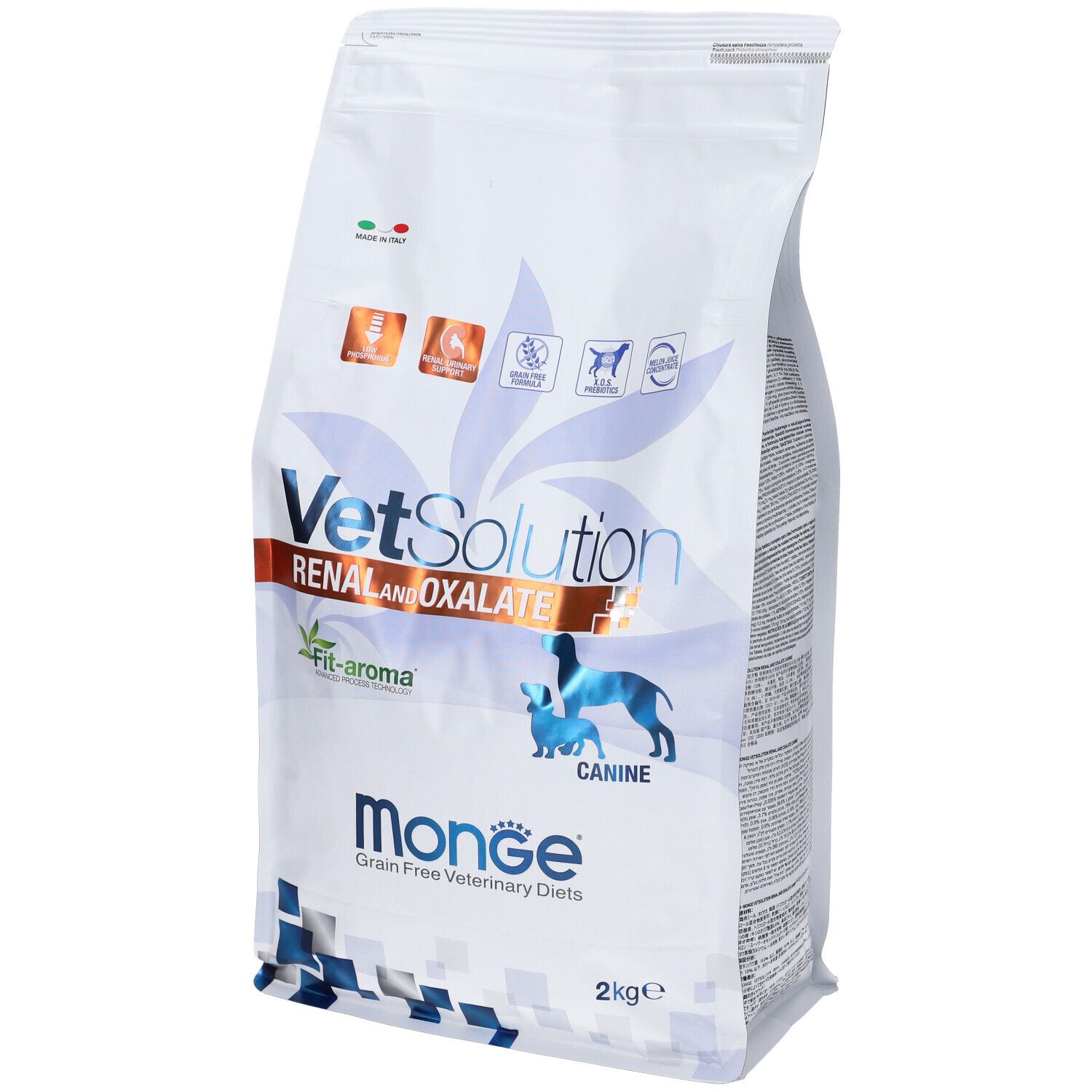 Sacchetto Monge Vetsolution Renal & Oxalate Cane. Scritte: VetSolution, Renal & Oxalate, Monge, 2 kg.