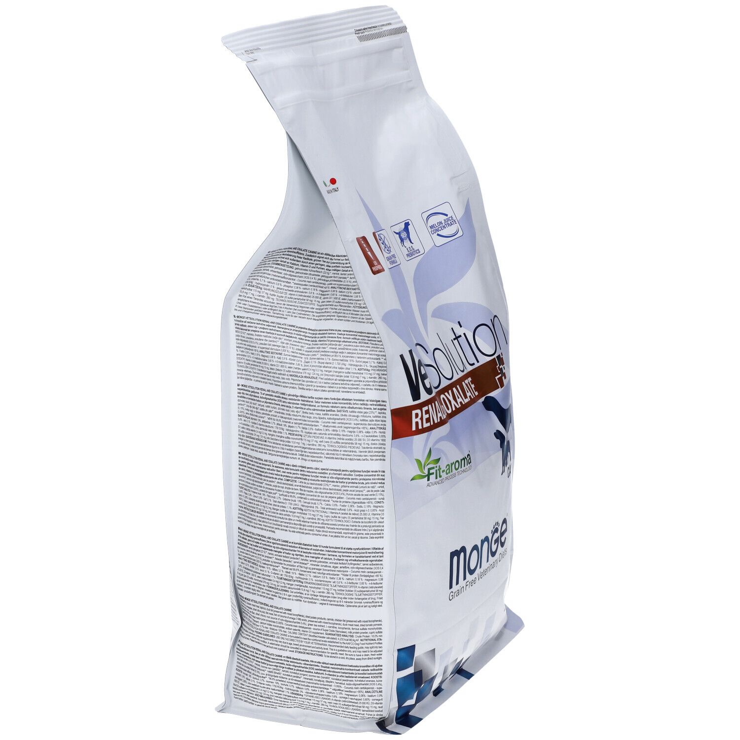 Vista laterale del sacchetto Monge Vetsolution Renal & Oxalate Cane. Testo sul retro.