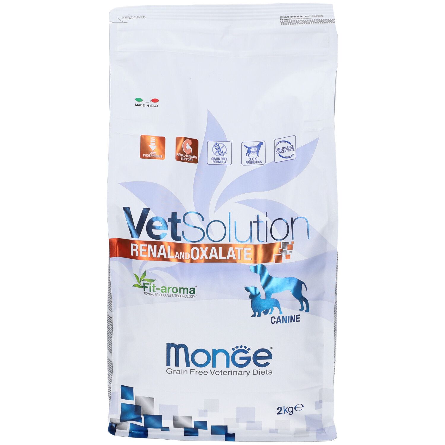 Sacchetto Monge Vetsolution Renal & Oxalate Cane. Scritte: VetSolution, Renal & Oxalate, Monge, 2 kg.