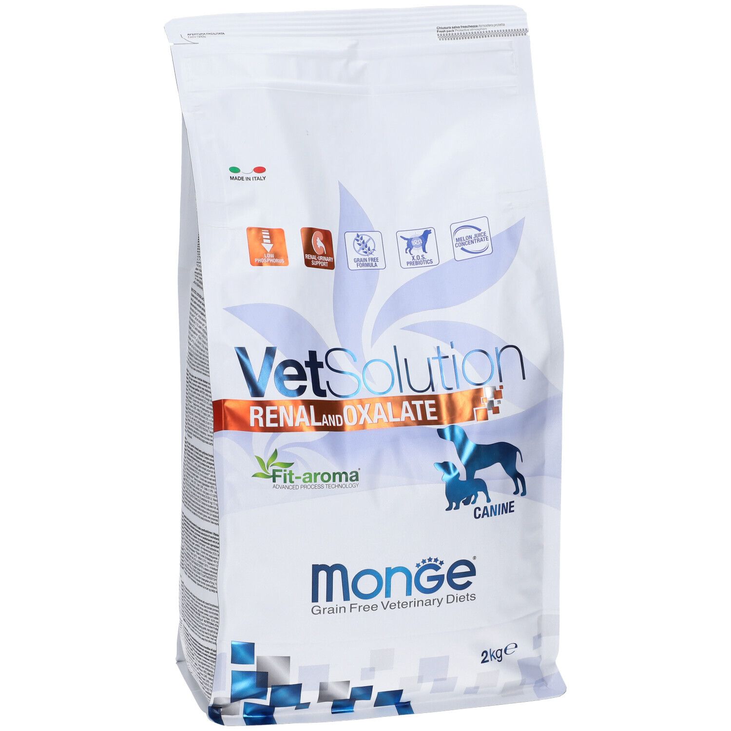 Sacchetto Monge Vetsolution Renal & Oxalate Cane. Scritte: VetSolution, Renal & Oxalate, Monge, 2 kg.