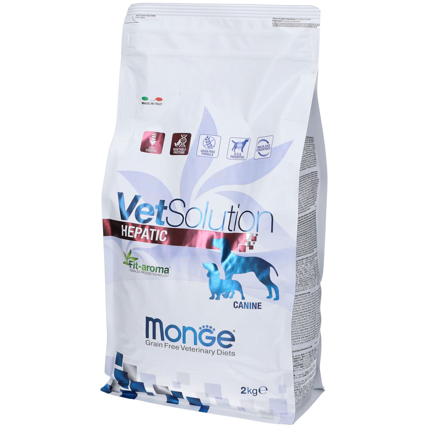 Sacchetto di cibo per cani Monge Vetsolution Hepatic. Bianco, con stampe. 2 kg. Logo, nome del prodotto e informazioni.