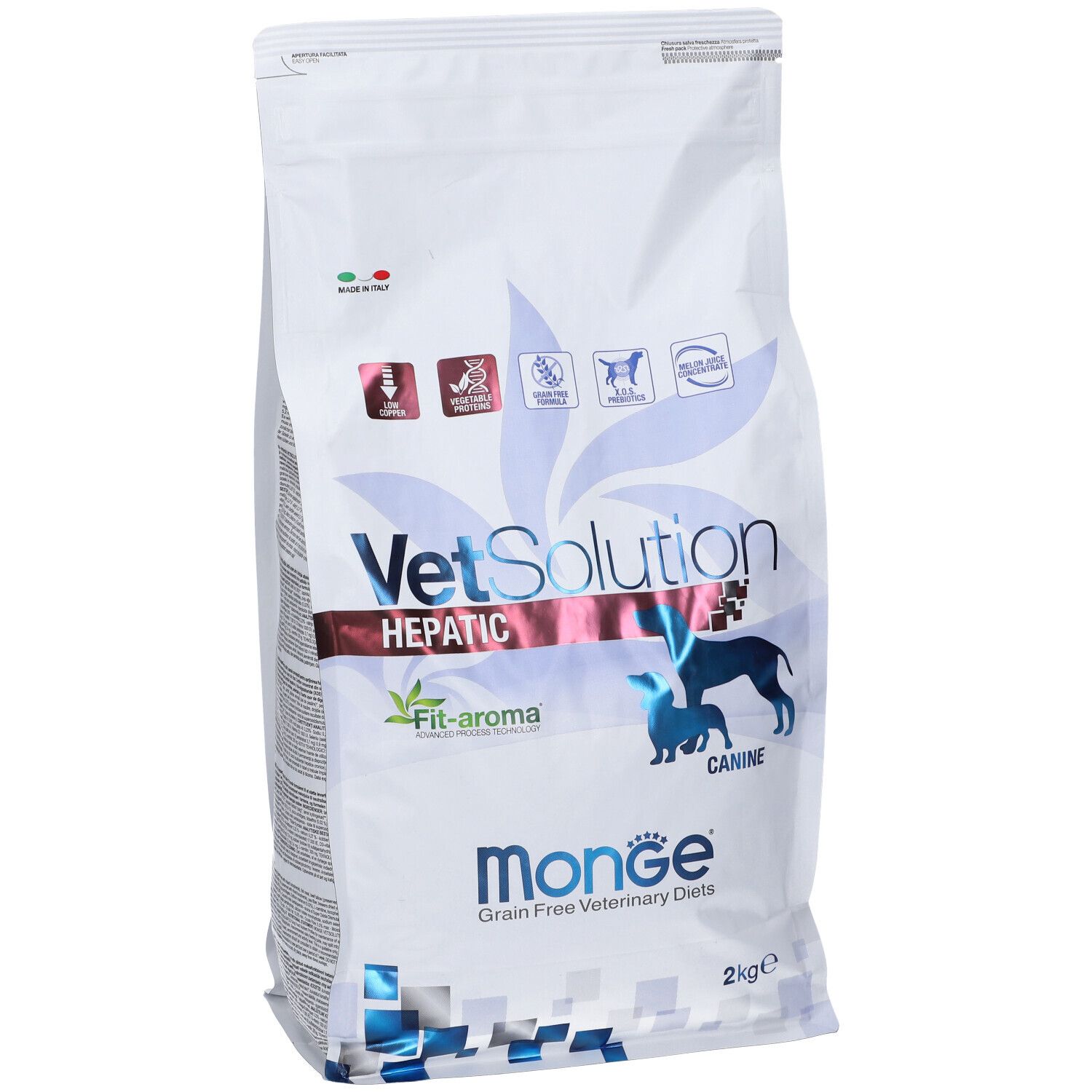 Sacchetto di cibo per cani Monge Vetsolution Hepatic. Bianco, con stampe. 2 kg. Logo, nome del prodotto e informazioni.