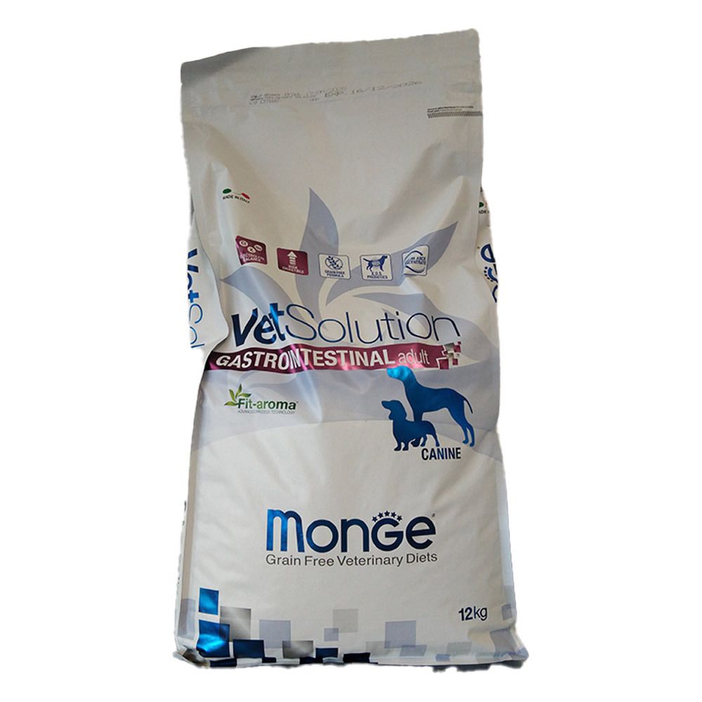Sacchetto da 12 kg di Monge Vet Solution Canine Intestinal. Confezione bianca con informazioni e illustrazioni di cani.