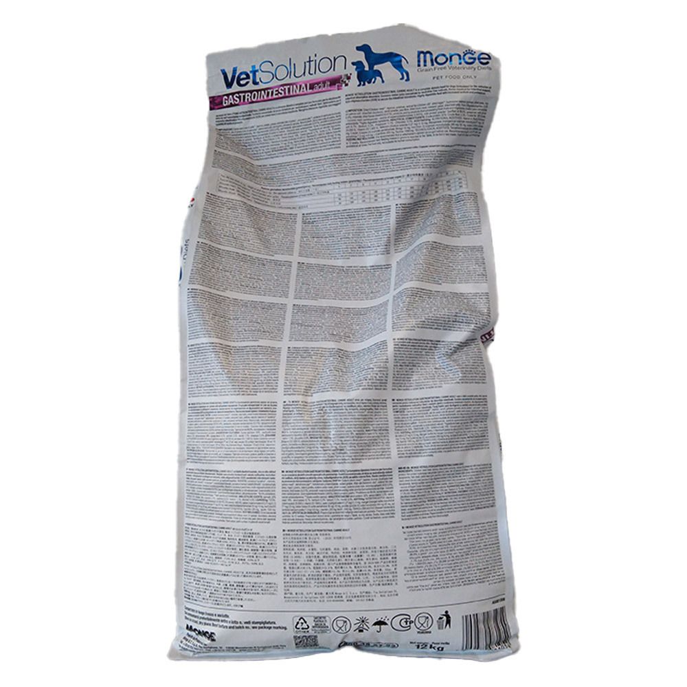 Retro del sacchetto da 12 kg di Monge Vet Solution Canine Intestinal. Informazioni testuali su sfondo bianco.
