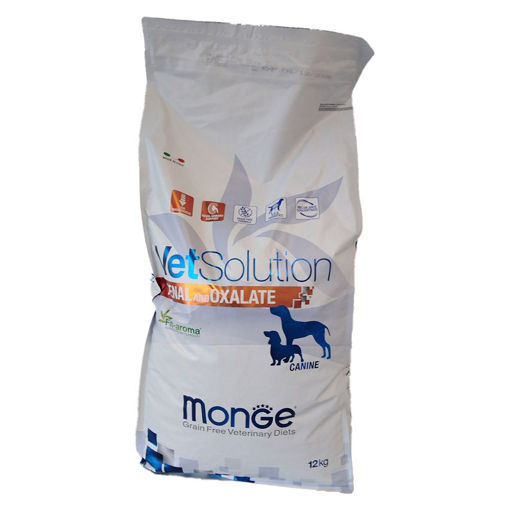 Sacchetto bianco Monge VetSolution Canine Renal. Logo e immagine cane. Testo: Renal Oxalate, 12 kg.