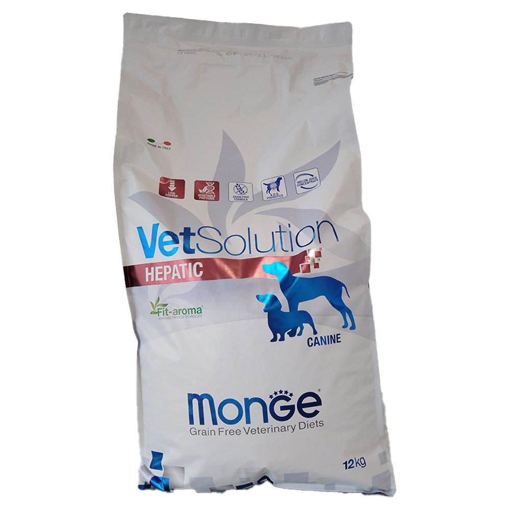 Sacchetto di cibo per cani Monge VetSolution Hepatic 12kg. Bianco, con scritte blu e rosse. Loghi e nome del prodotto visibili.