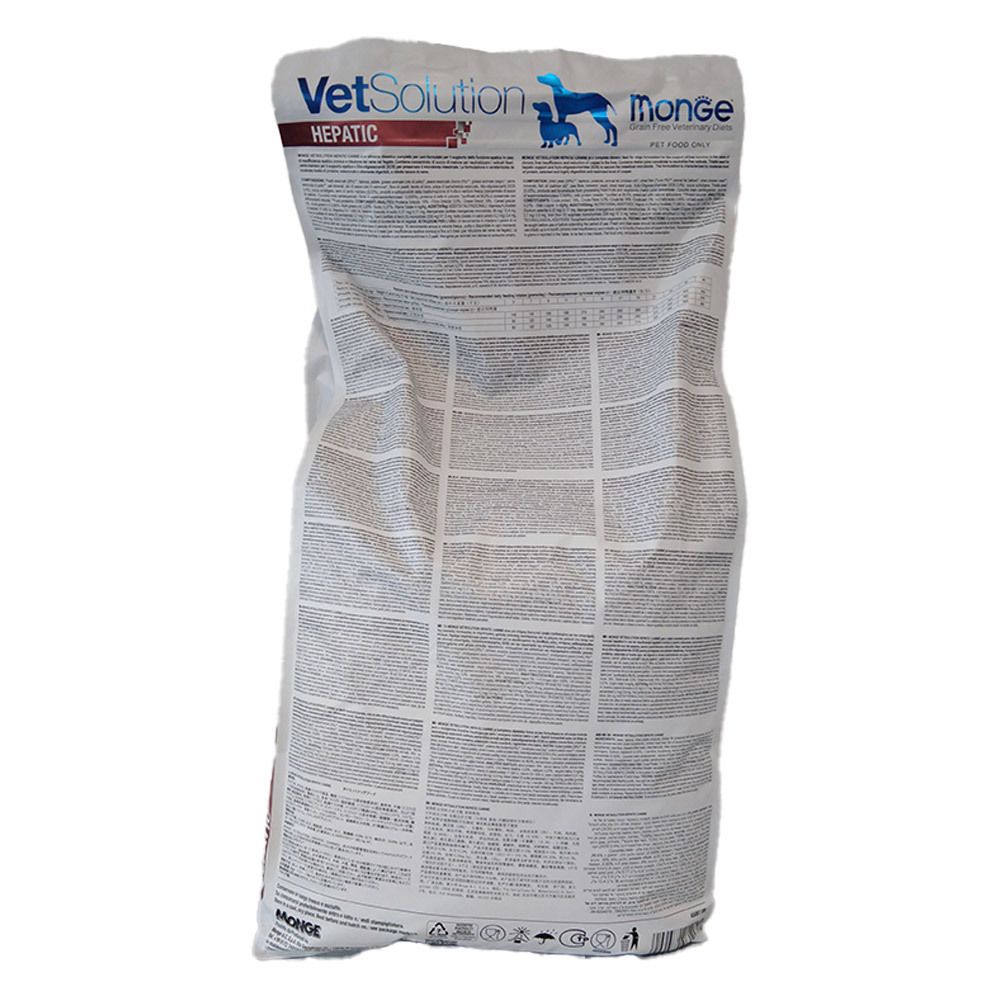 Retro del sacchetto Monge VetSolution Hepatic 12kg. Bianco, con testo multilingue. Nome del prodotto in alto a sinistra.