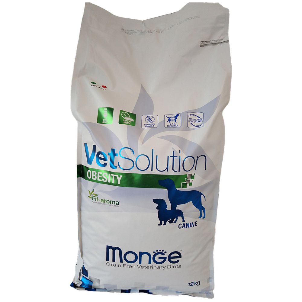 Sacchetto di cibo per cani Monge VetSolution Obesity. Testo e loghi. 12 kg.