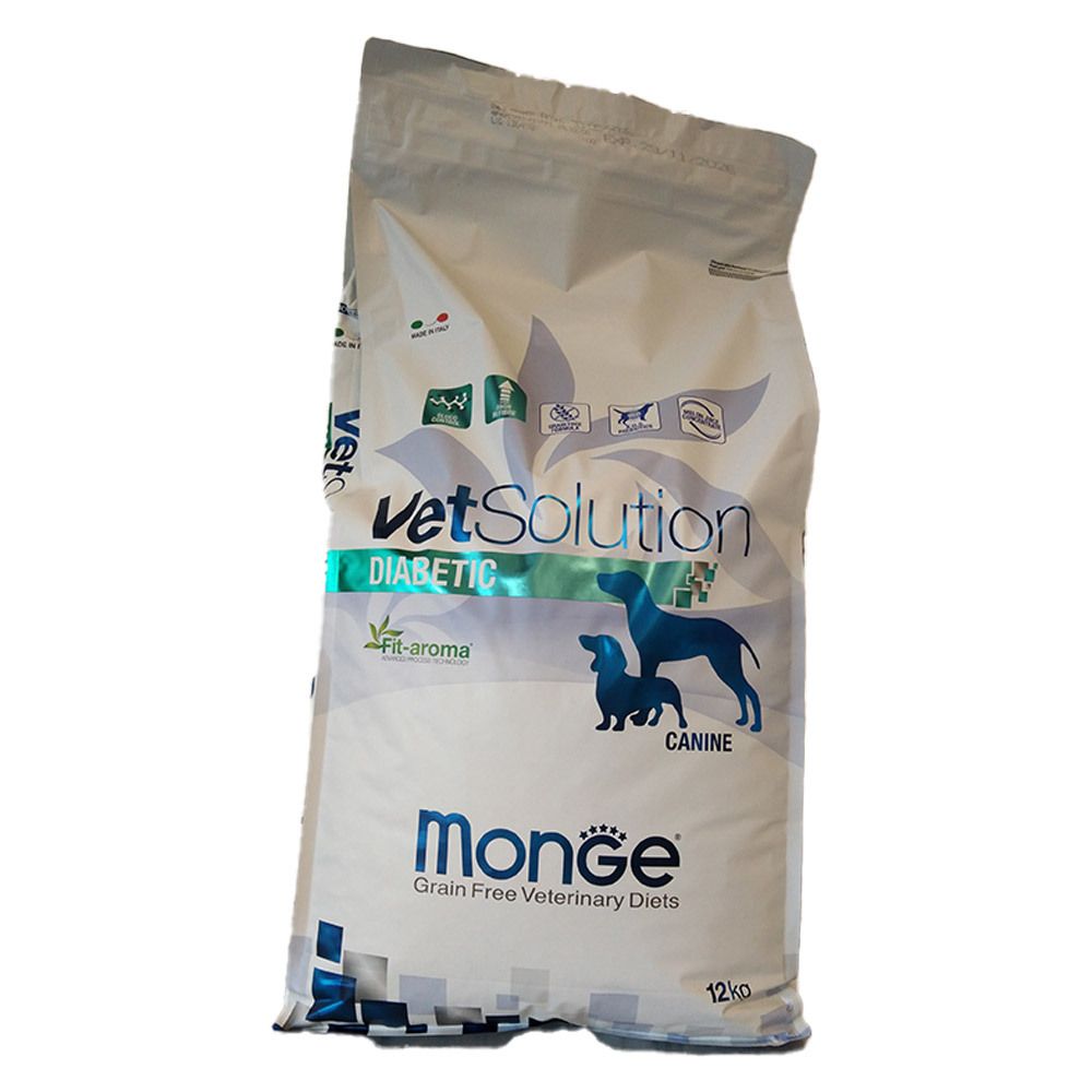 Sacchetto Monge Vet Solution Canine Diabetic. Scritta 'Diabetic' e '12 kg'. Illustrazione di un cane.
