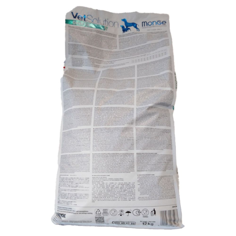 Retro del sacchetto Monge Vet Solution Canine Diabetic. Testo e simboli. '12 kg' in basso.
