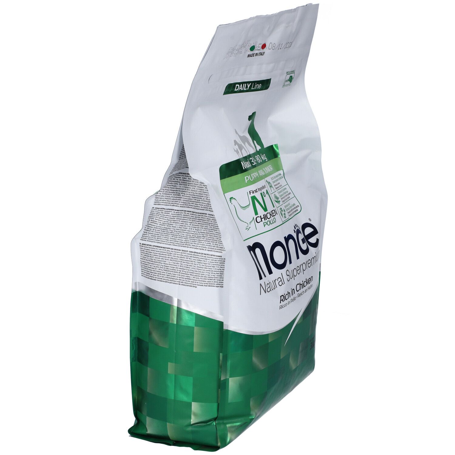 Sacchetto di cibo per cani Monge Natural Superpremium. Maxi Puppy Junior, 3 kg. Confezione verde e bianca. Vista laterale.