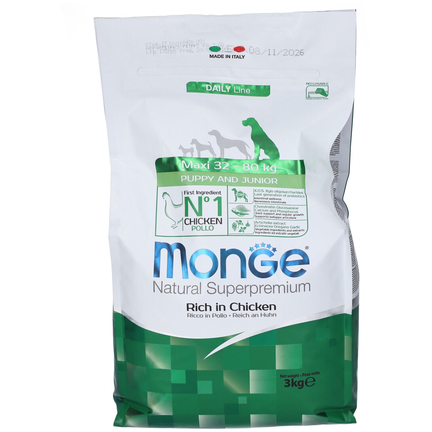 Sacchetto di cibo per cani Monge Natural Superpremium. Maxi Puppy Junior, 3 kg. Ricco di pollo. Confezione con informazioni.