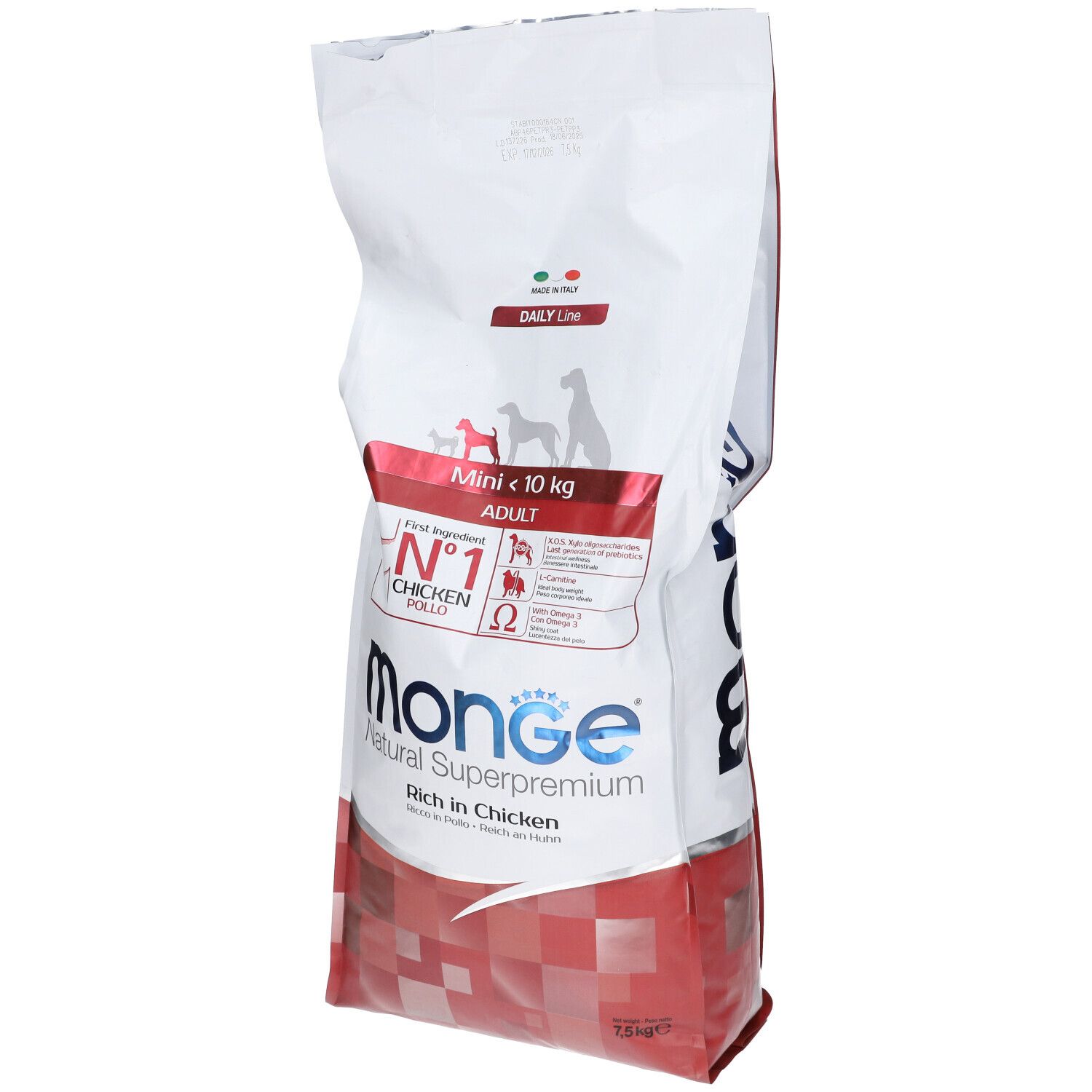 Sacchetto bianco e rosso con testo. Monge, Daily Line, Mini Adult <10Kg, Chicken Pollo. 7,5 kg.