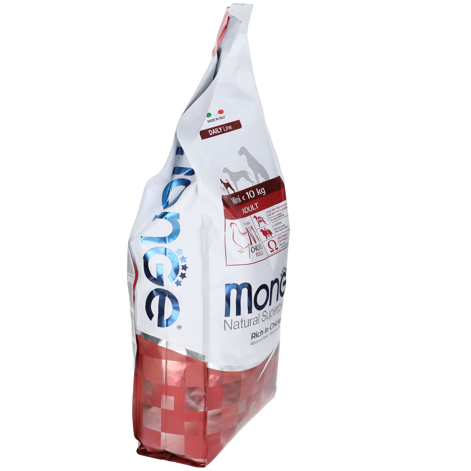 Sacchetto bianco e rosso, vista laterale. Testo: Monge, Daily Line, Mini Adult <10Kg, Chicken Pollo. 7,5 kg.