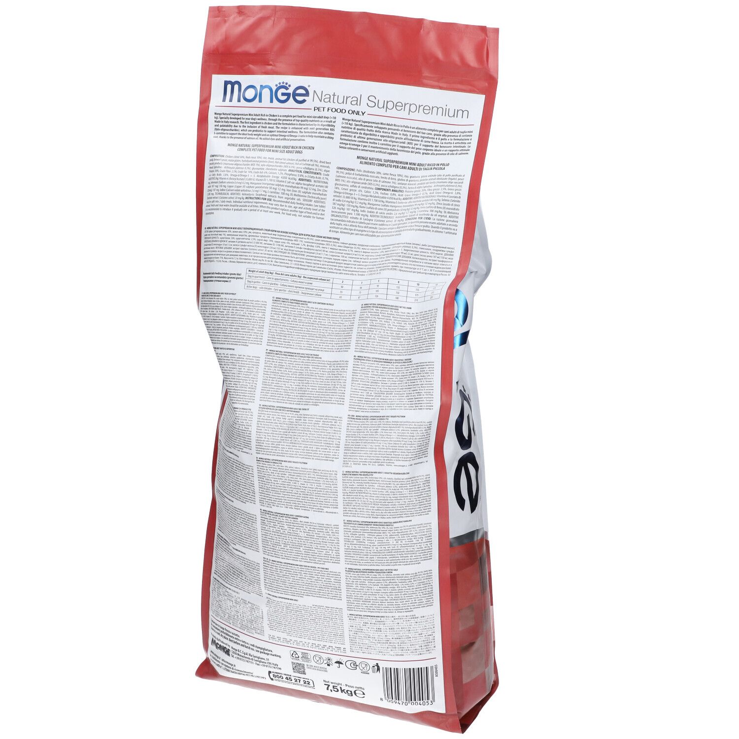 Retro del sacchetto. Testo: Monge, Natural Superpremium, solo cibo per animali. Informazioni e valori nutrizionali.