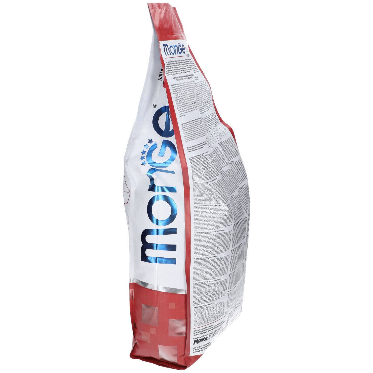 Vista laterale del sacchetto. Testo: Monge, Natural Superpremium. Informazioni e valori nutrizionali.