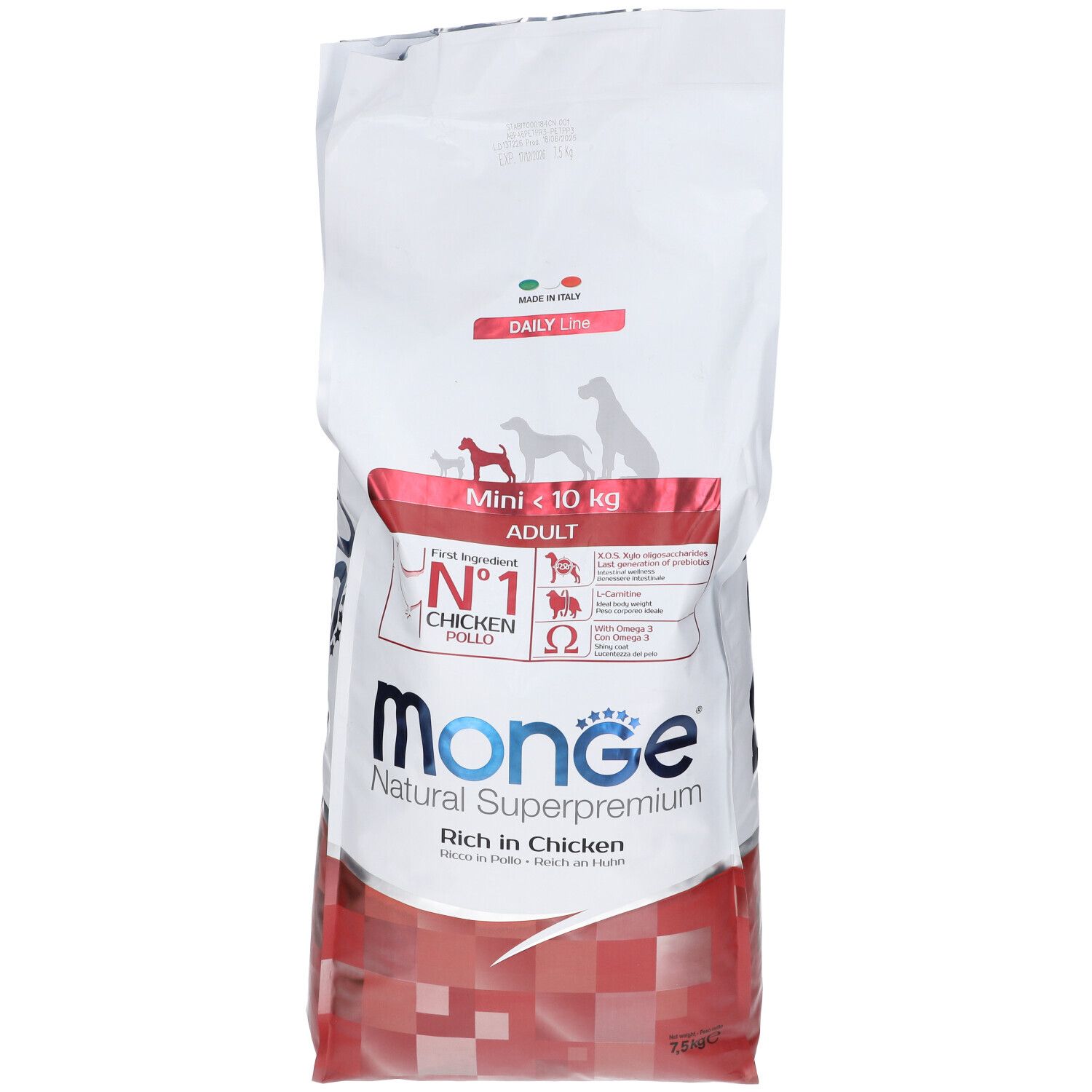 Sacchetto bianco e rosso con testo. Monge, Daily Line, Mini Adult <10Kg, Chicken Pollo. 7,5 kg.