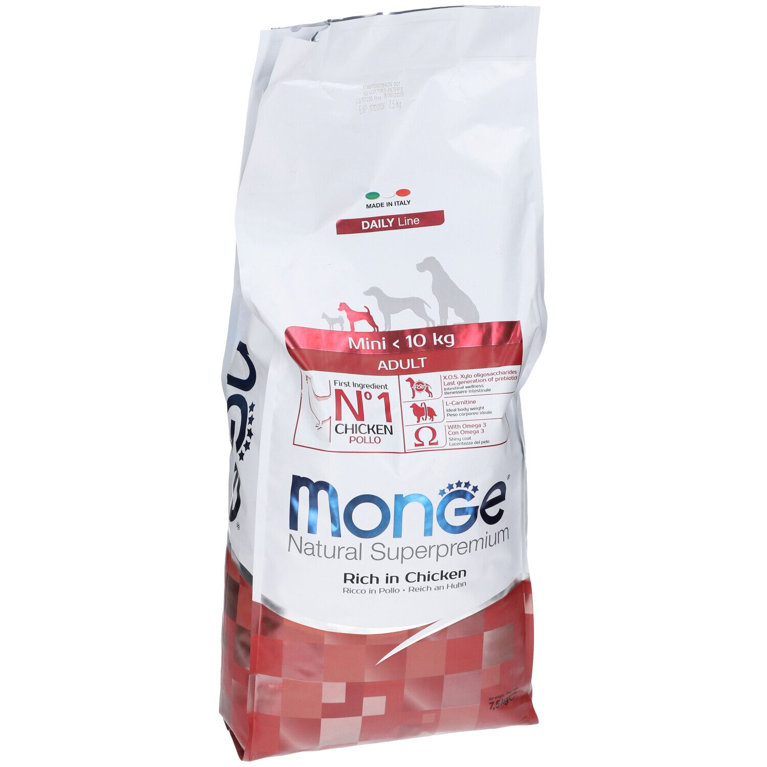 Sacchetto bianco e rosso con testo. Monge, Daily Line, Mini Adult <10Kg, Chicken Pollo. 7,5 kg.