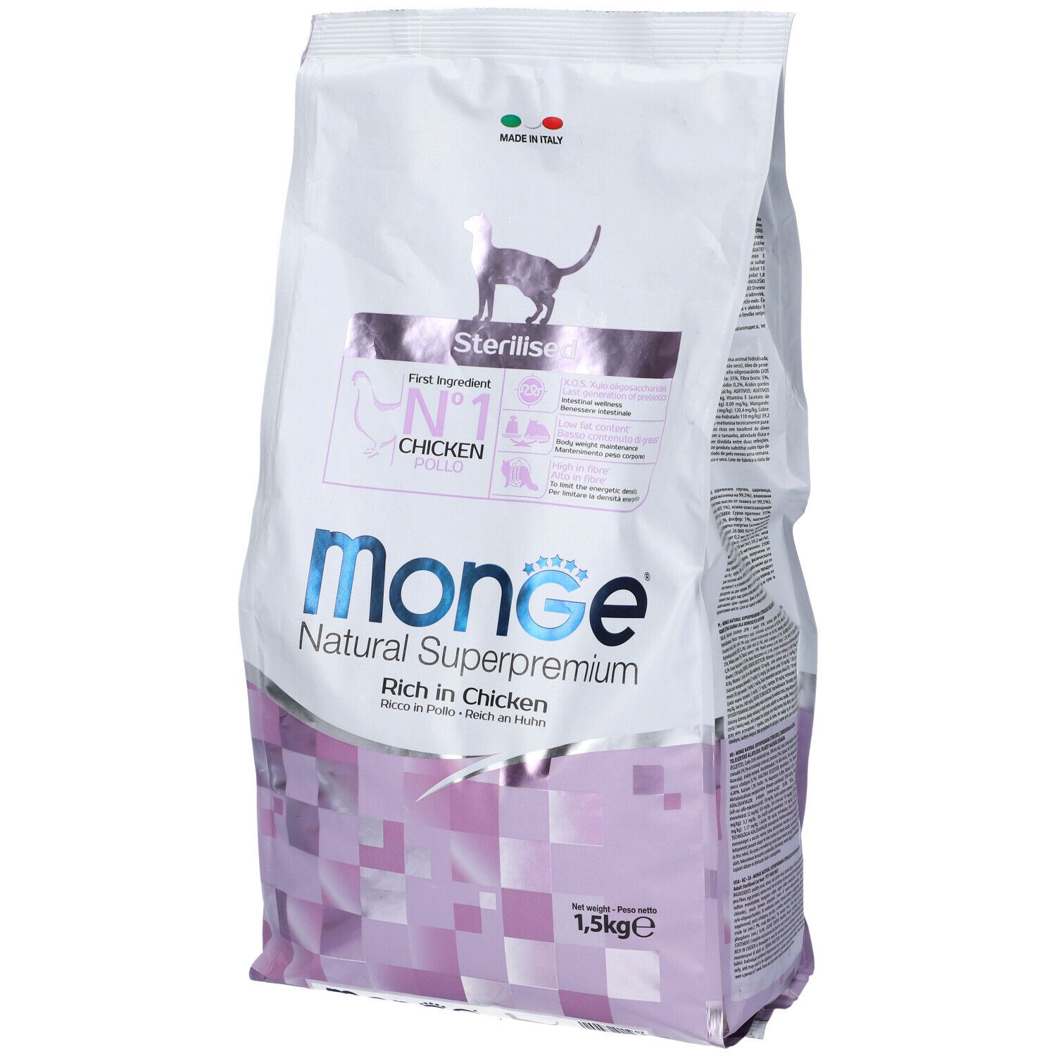 Sacchetto di cibo per gatti Monge Superpremium, per gatti sterilizzati. Ingrediente principale: pollo. 1,5 kg.