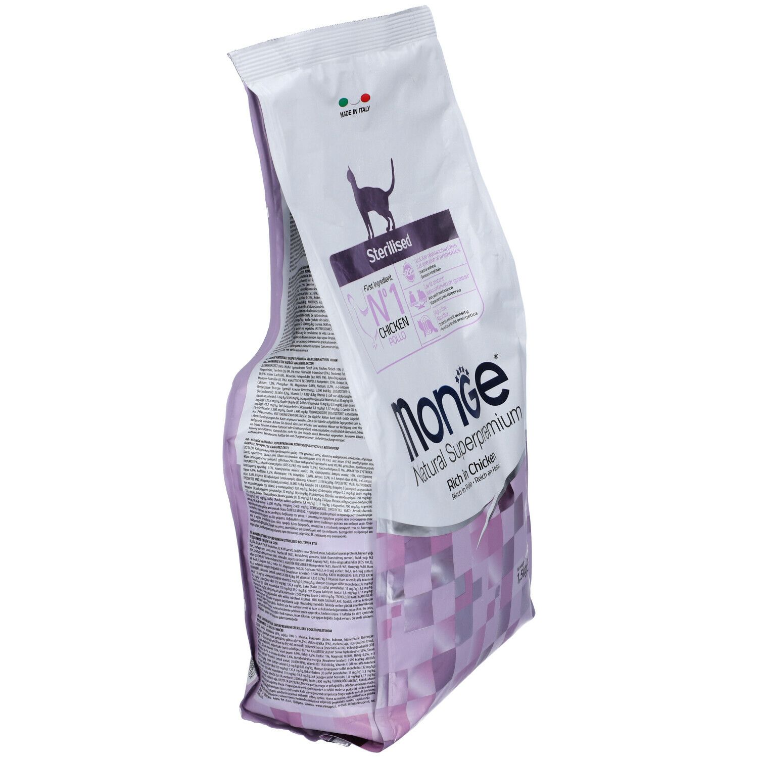 Sacchetto cibo per gatti Monge Superpremium. Retro con testo. 1,5 kg. Per gatti sterilizzati.