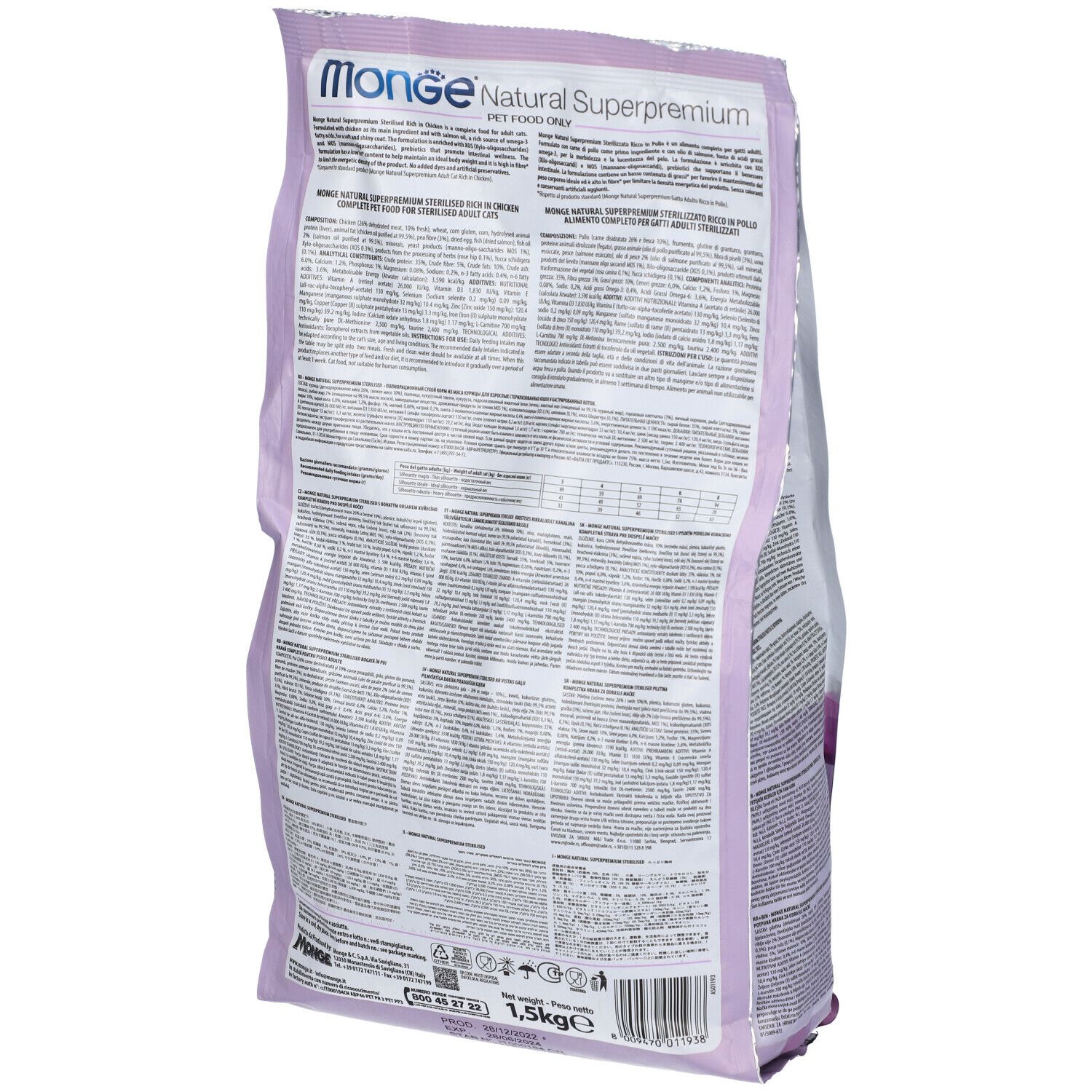 Retro del sacchetto di cibo per gatti Monge Superpremium. Informazioni testuali. 1,5 kg. Per gatti sterilizzati.