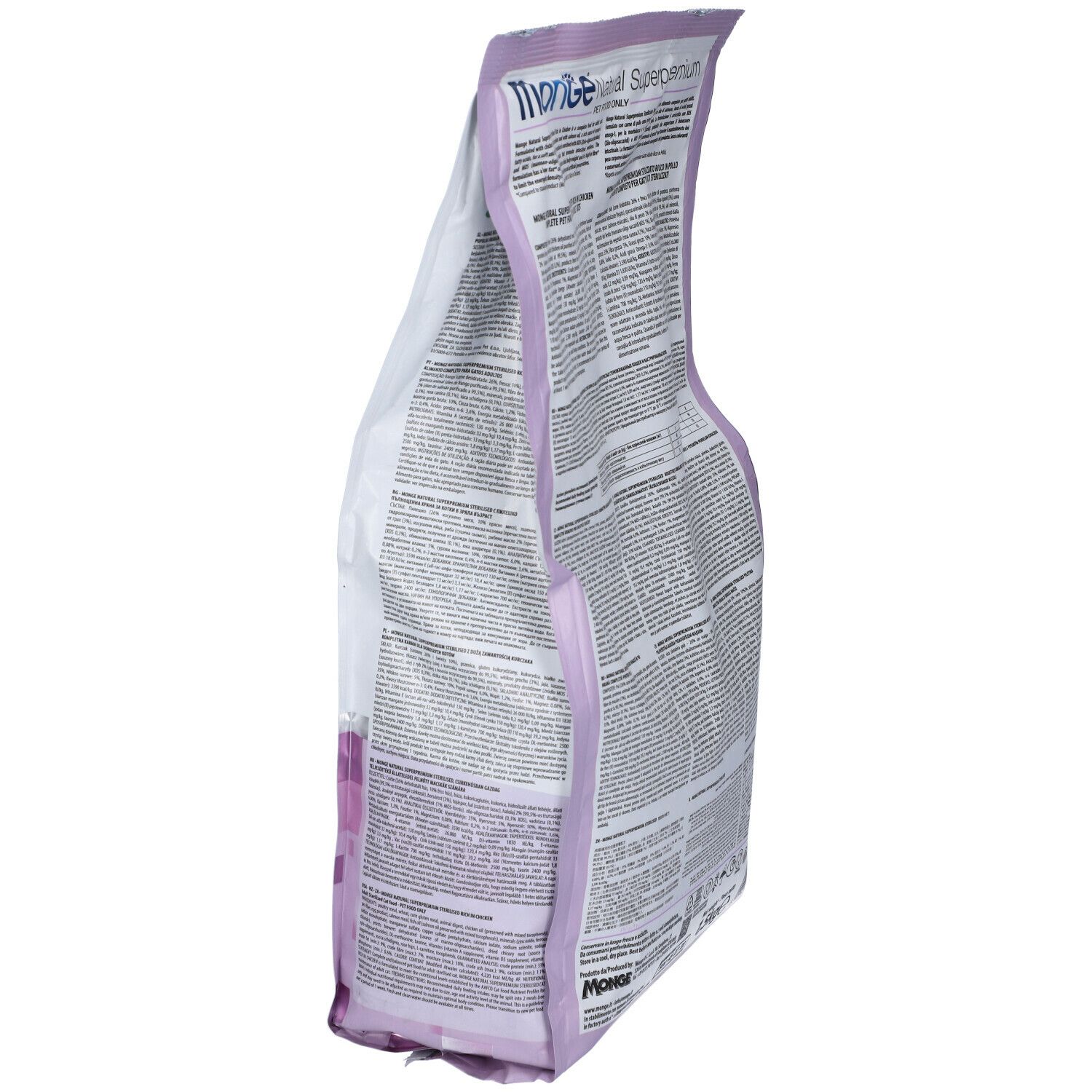 Sacchetto cibo per gatti Monge Superpremium. Vista laterale con testo. Per gatti sterilizzati. 1,5 kg.