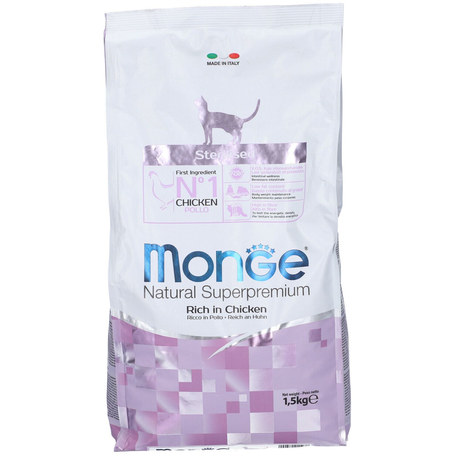 Sacchetto di cibo per gatti Monge Superpremium, per gatti sterilizzati. Ingrediente principale: pollo. 1,5 kg.