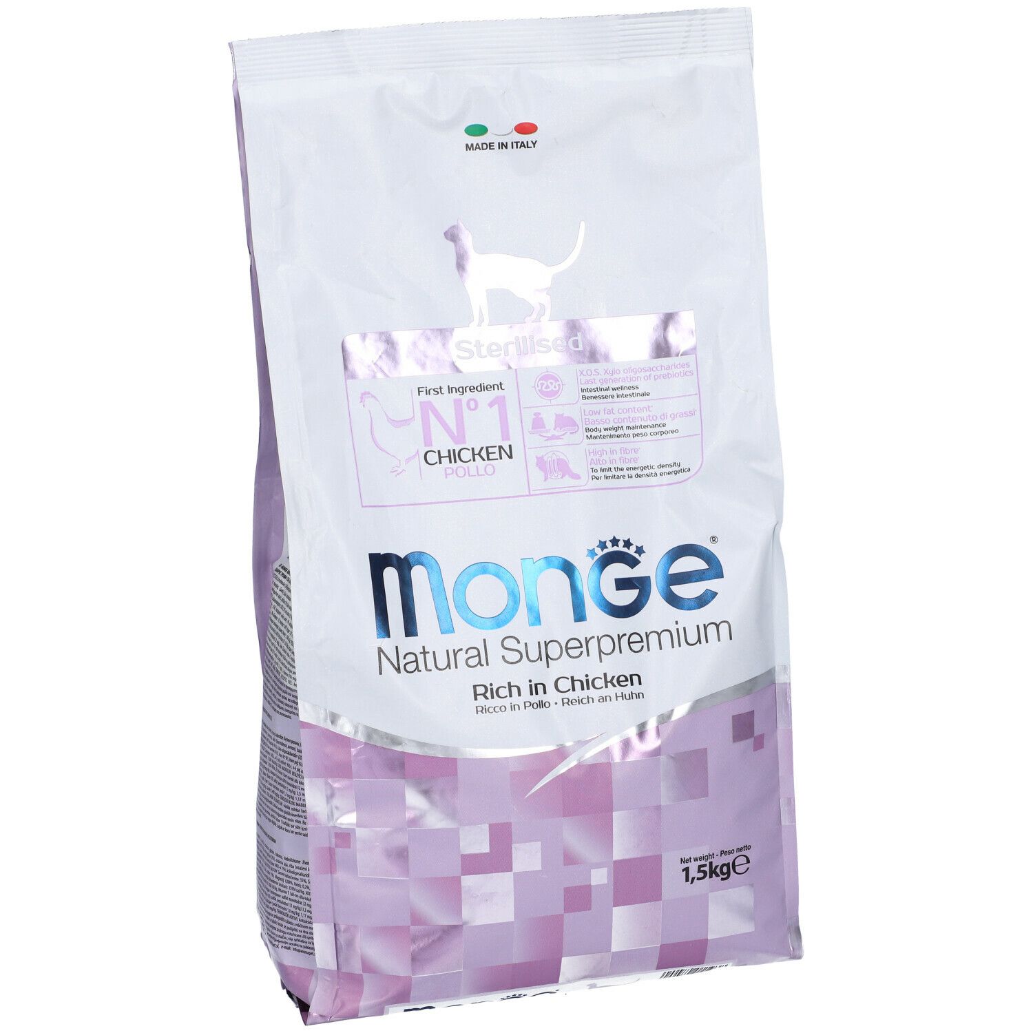 Sacchetto di cibo per gatti Monge Superpremium, per gatti sterilizzati. Ingrediente principale: pollo. 1,5 kg.