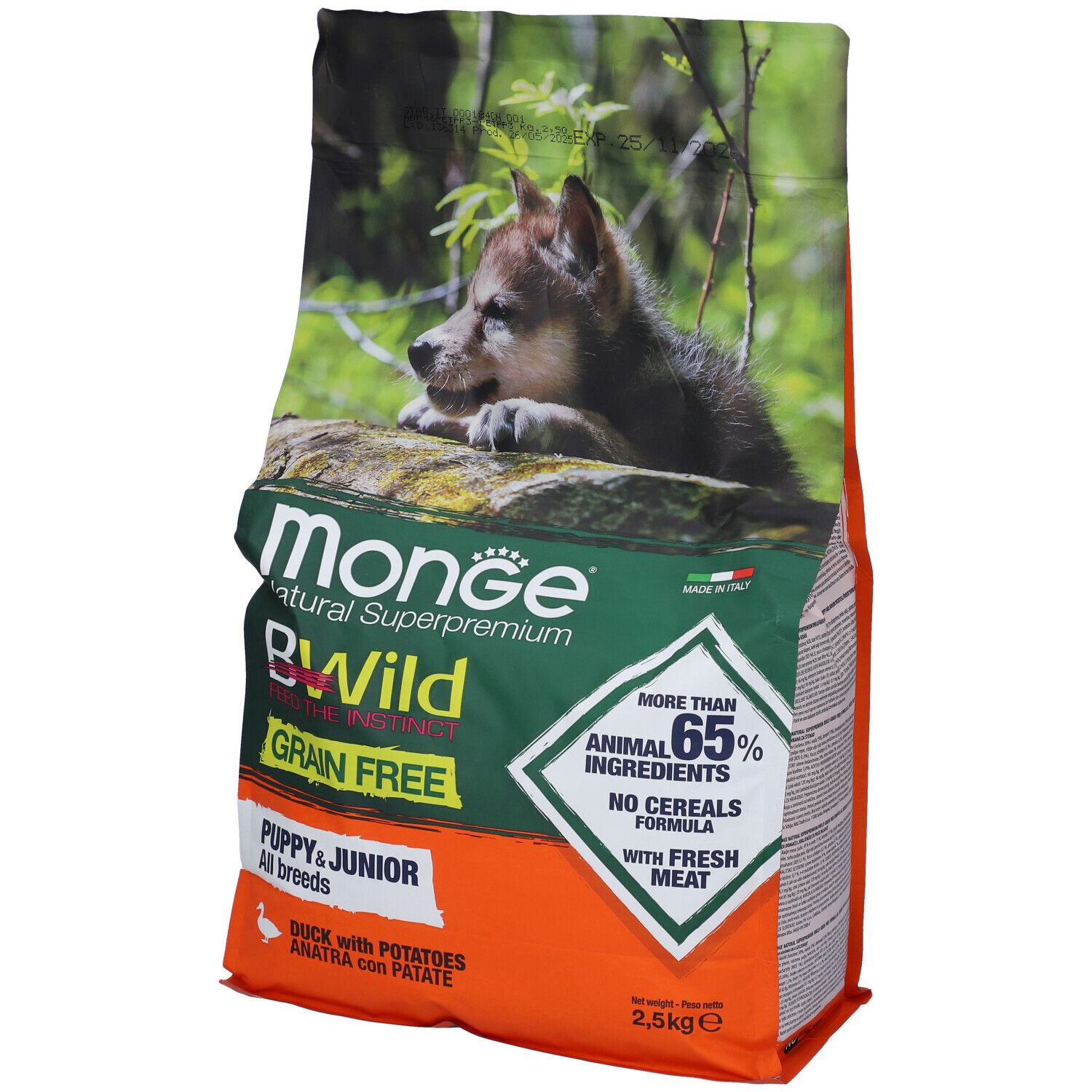 Monge Bwild Grain Free Dog Puppy & Junior con Anatra e Patate 2,5 Kg
