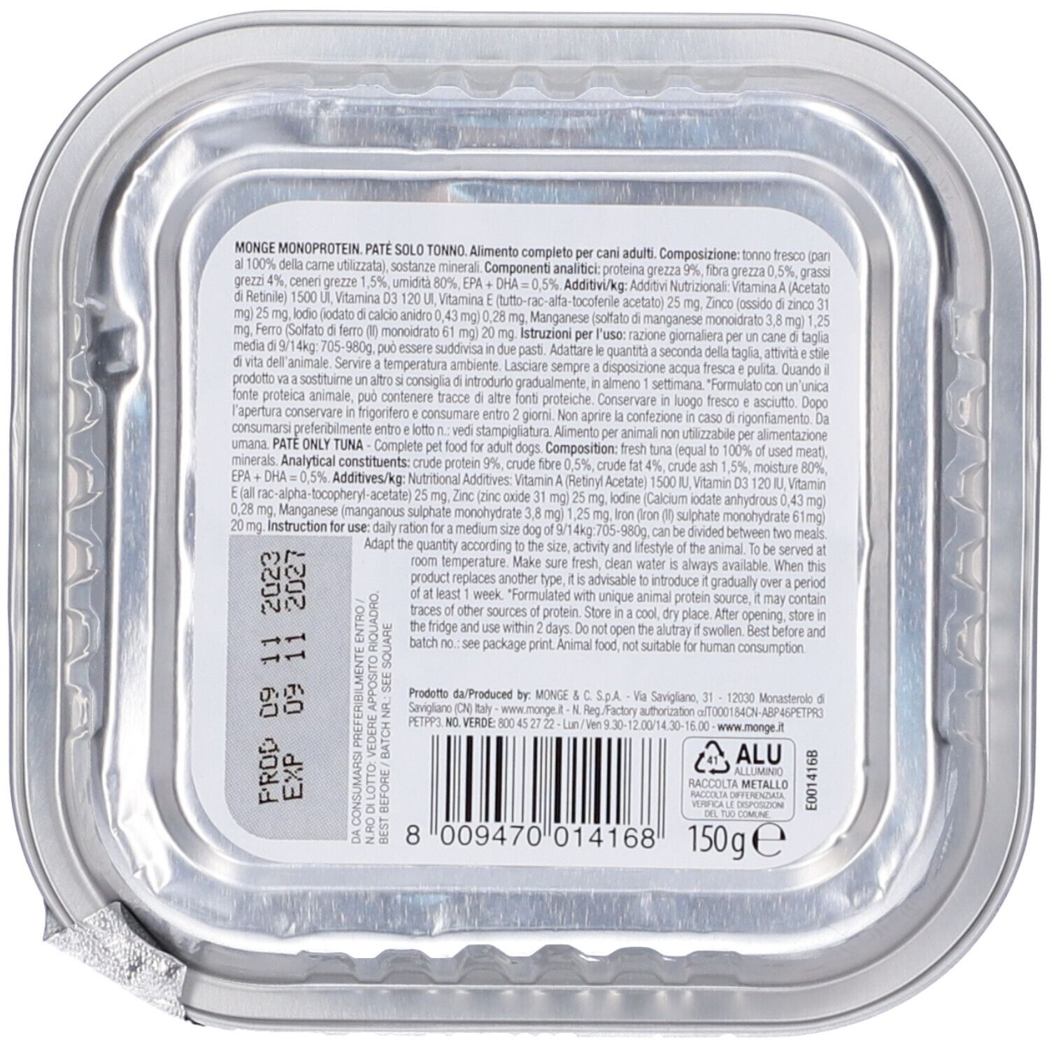 Retro confezione Monge Monoprotein Solo Tonno. Contiene testo con ingredienti e analisi. 150g. Data di scadenza.