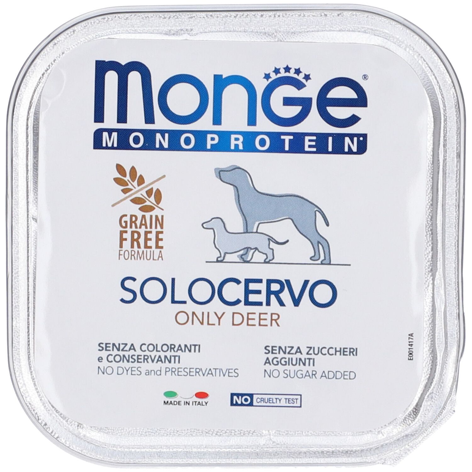 Monge Monoproteico Solocervo. Vaschetta con logo, testo e illustrazioni. Formula senza cereali. Senza coloranti e zuccheri. Made in Italy.