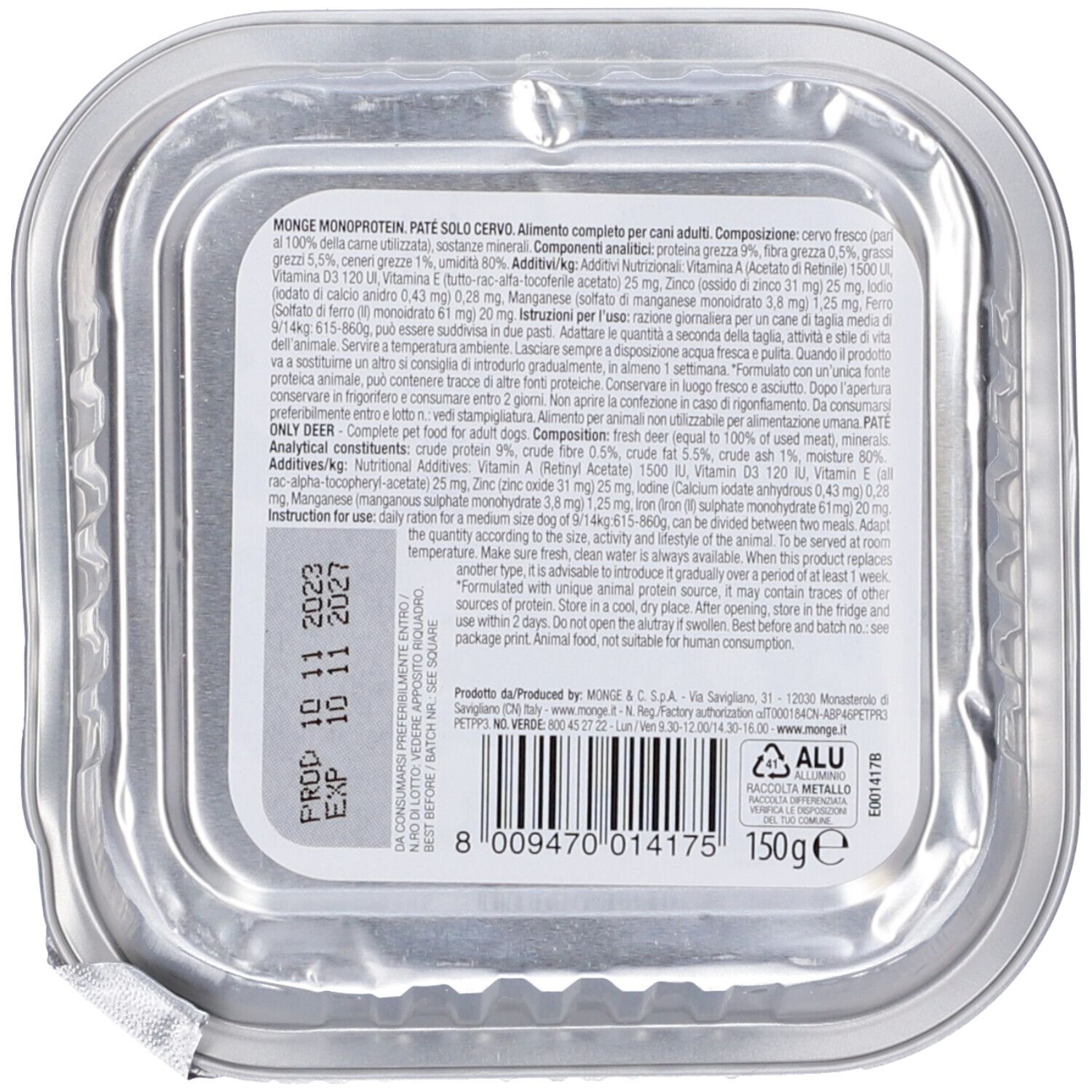 Monge Monoproteico Solocervo. Vaschetta con testo e codice a barre. Scadenza: 10.11.2023. Peso: 150g. Simbolo riciclo alluminio.
